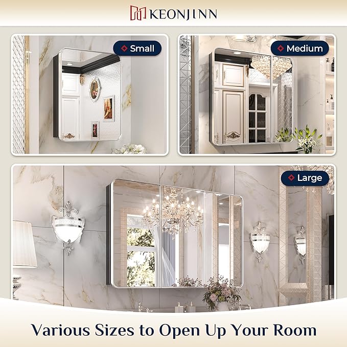 Keonjinn 60 x 32 Inch Large Chrome Medicine Cabinets, Recessed Bathroom Medicine Cabinet, Elegant Stainless Steel Framed, Sturdy & Heavy, Stepless Adjustable Shelves, DTC Hinges, Soft Closing, Modern