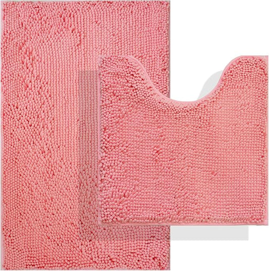 BOANKODU Bath Rug Sets 2 Piece, Soft Chenille, Non-Slip, 32x20 Inch + 20x20 Inch U Shape Multi-Purpose Machine Washable (Pink)