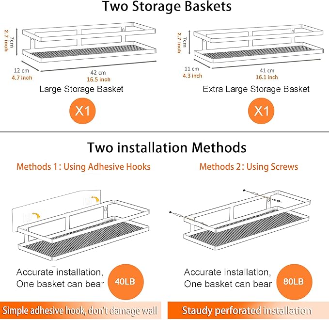 PUSDON 2-Pack 16.5" Extra Long Slim Shower Caddy, Adhesive Wall Mount Bathroom Organizer, Rustproof Open Frame Mesh Spice Rack for Kitchen, Holds 50LBS - Matte Black, Guardrail
