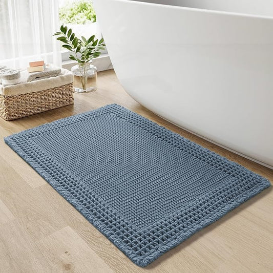 RESARE Waffle Bath Rug for Bath, Super Absorbent Non Slip Machine Washable, Ultra Soft Boho Rug with Tassels, Upgraded Design, 18"x30" Blue
