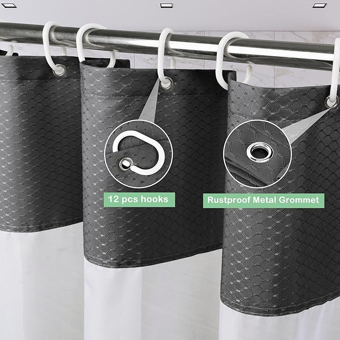 UFRIDAY Waffle Weave Fabric Shower Curtain with Mesh Window, Heavy Duty Decorative Bathroom Curtain with White Pique Pattern, Spa-Like Hotel Luxury, Water-Repellent,71x 74Inches