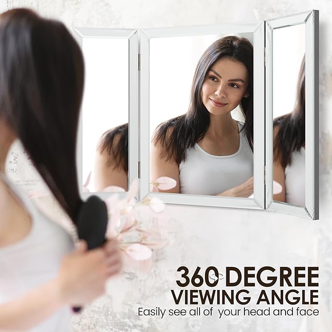 Houseables Trifold Mirror, Trifold Vanity Mirror, 3 Way, Three Way Folding, Tri Fold, for Braiding Hair, 3way, 3 Sided, Three Panel, Triple, Tabletop, Wall, Bathroom, Bedroom, Makeup, 360, 28 x 40 in