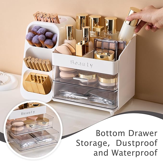 Makeup Organizer for Vanity with Brush Holder, Countertop Makeup organizer with Drawers for Skincare, Cosmetics, Perfumes, Eyeshadow Palettes, Spacious Cosmetic storage organizer