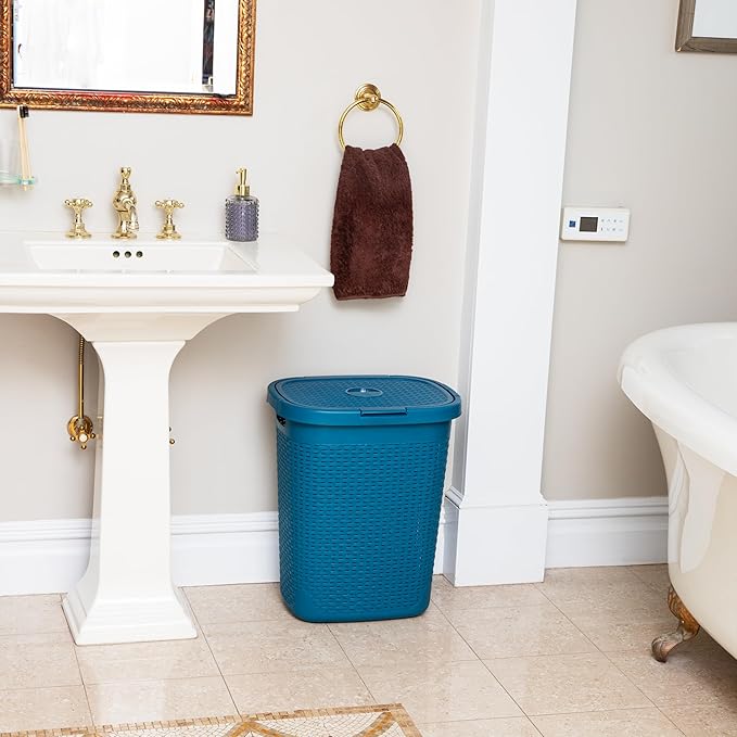Mind Reader 50L Slim Laundry Hamper, Clothes Basket, Lid, Wicker Design, Plastic, 17.65"L x 13.75"W x 21"H, Blue