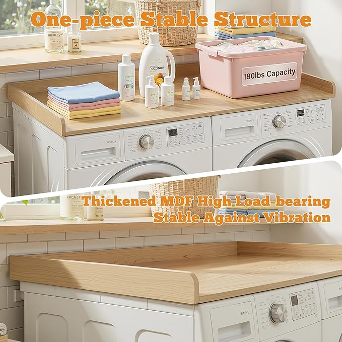 Laundry Washer Dryer Countertop: 54" x 27.5" Wood Washer Dryer Topper with 180lbs Capacity, Waterproof MDF for LG Samsung Front Load Washer and Dryer, Non-Slip Laundry Room Organization Table