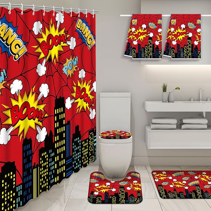 Nuanchu 6 Pcs Hero Themed Shower Curtain Set with Rug Bathroom Sets with Shower Curtain Bath Mat U Shaped Mat Toilet Lid Cover 2 Bath Towels and 12 Hooks Red Hero Themed Bathroom Decor