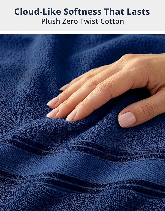 LANE LINEN 100% Mercerized Cotton Towels Set 12 – Zero Twist, 4 Bath Towels, 4 Hand Towel & 4 Washcloths, Stays Plush After Washes, Ideal for Spa, Hotel & Family Bathrooms, Highly Absorbent – Navy