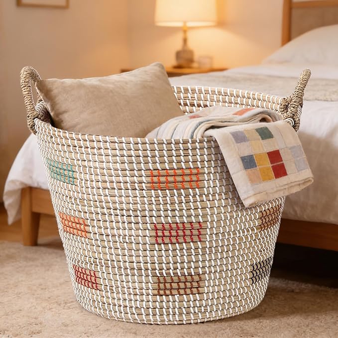 3 Pack Laundry Baskets Hamper for Organizing, Large Storage Baskets Bin with Handles, Woven Blanket Basket, Living Room Bedroom Laundry Room Home Decor for Toys Clothes Shoes Plant