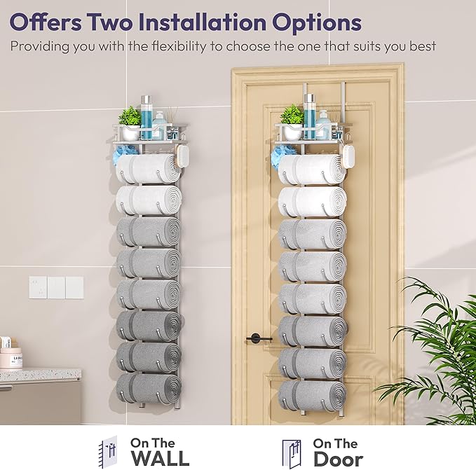SWTYMIKI Over The Door Towel Rack - 9 Tier Towel Racks for Bathroom Wall Mounted, Towel Holder with Shelf, Hanging Rolled Towel Storage Organizer for Small Bathroom, Camper, RV, Sliver