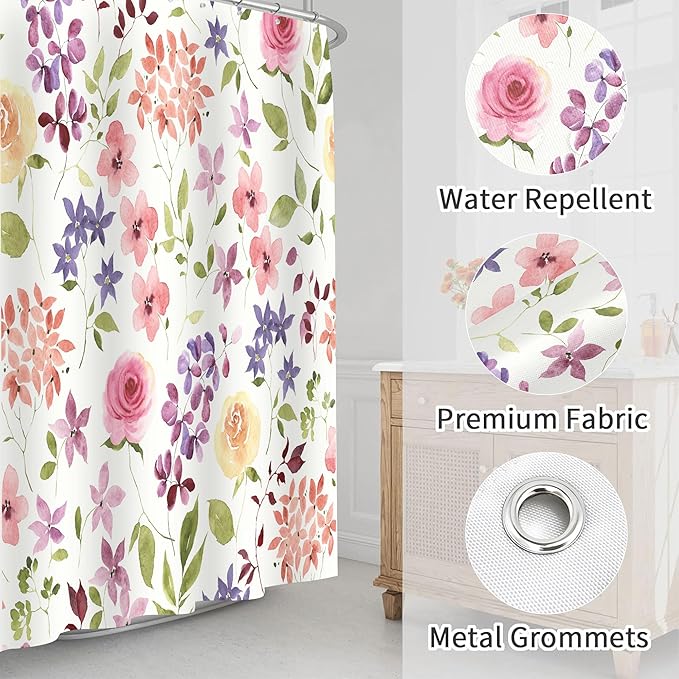 Watercolor Floral and Green Leaves Shower Curtains, Waterproof Fabric Colorful Rustic Ivory Botanical Bathroom Shower Curtain, 72 x 72 Inch