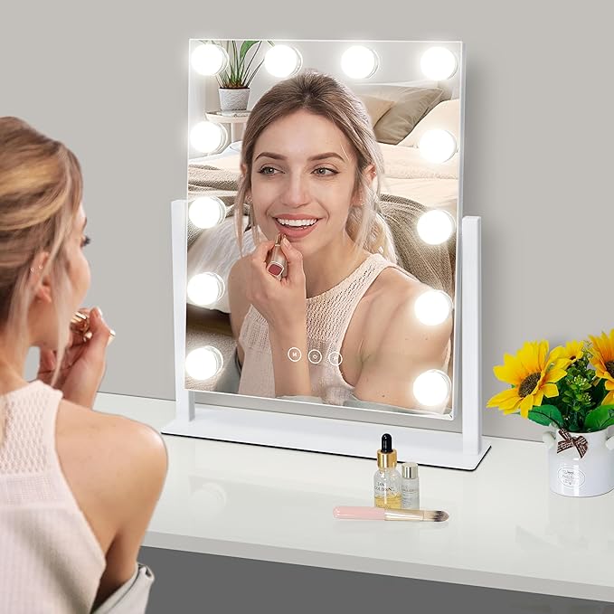 Kotdning Vanity Mirror with Lights,Lighted Vanity Mirror with 12 Dimmable Bulbs for Dressing Room & Bedroom,3 Color Lighting,Modes Detachable 10x Magnification 360°Ratation (White) 14.6" L x 17" W