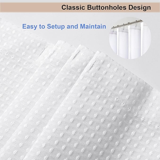 OWENIE White Waffle Weave Fabric Shower Curtain, Textured Heavy Cloth Shower Curtains for Bathroom, Water Repellent Soft Hotel Spa Luxury Elegant Bath Curtain, Machine Washable, White, 72x78 Inch