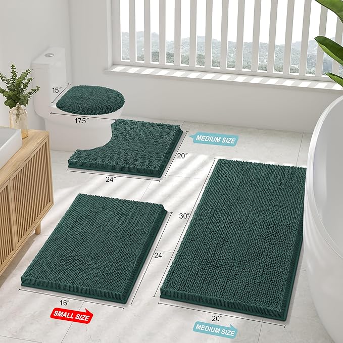 Smiry Luxury Chenille Bathroom Rugs 24x16, Extra Soft and Absorbent Shaggy Bath Mat, Machine Washable, Non-Slip Plush Carpet Runner for Tub, Shower, and Floor, Home Decor Accessories, Green