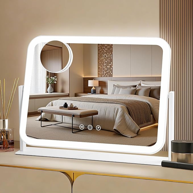 Vanity Mirror with LED Lights, 16.4x12.2 Inch Makeup Mirror, 3-Color Dimmable Touch Screen, 5X Magnification, 360° Rotation, Large Tabletop Mirror for Bedroom Vanity