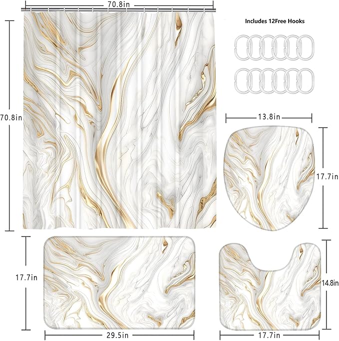 Nkzply 4 Pcs White Marble Shower Curtain Set Gold Bathroom Sets with Shower Curtain and Rugs Modern Abstract Bathroom Decor Accessories Bathroom Rugs Toilet Lid Cover with Hooks