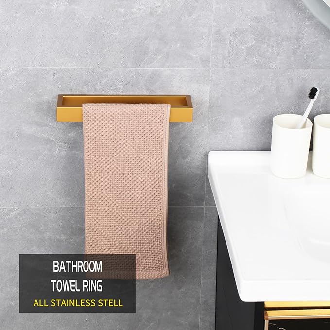 GERZWY Bathroom 2-Piece Accessory Set Gold Stainless Steel Toilet Paper Holder Towel Ring Wall Mount