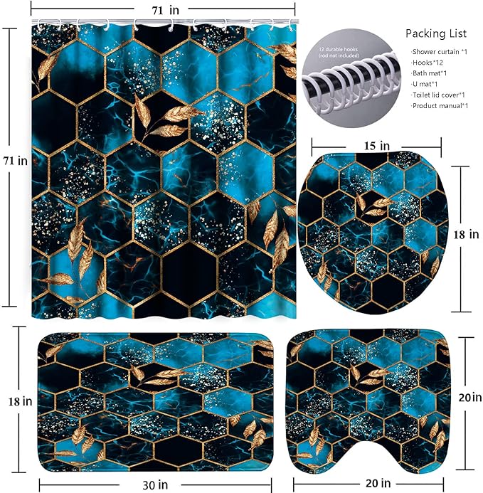 Poedist 4 Pcs Bathroom Shower Curtain Set,Peak Blue Honeycomb Marble Bathroom Sets with Rugs(Bath Mat,U Shape and Toilet Lid Cover Mat) and 12 Hooks