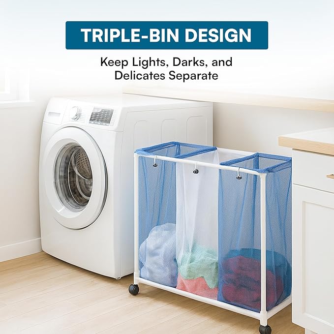 Honey-Can-Do HMP-01629 3 bag mesh laundry sorter, 30.5" x 15.3" x 30" , Blue/White