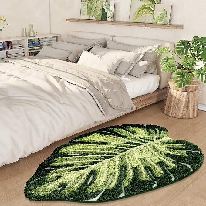 LUMI Cute Bathroom Rugs with Green Leaf Plant, Soft, Fluffy, Plush, Absorbent, Quick Dry, Non Slip, Machine Washable for Shower Floor, Bathroom, Bedroom, Kids Room, 31.5"x47", Monstera
