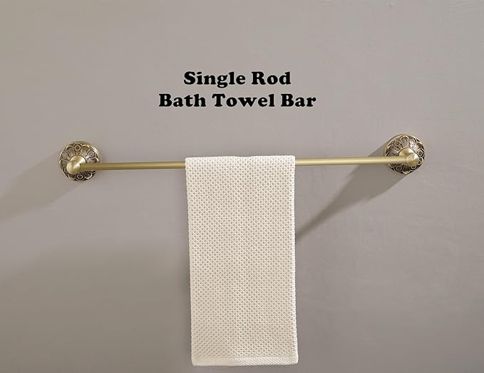 Antique Brass Towel Bar Wall Mount, 24 inch Bath Towel Rod Holder, Vintage Gold Decorative Bathroom Accessories, Brass Petal-Relief Series