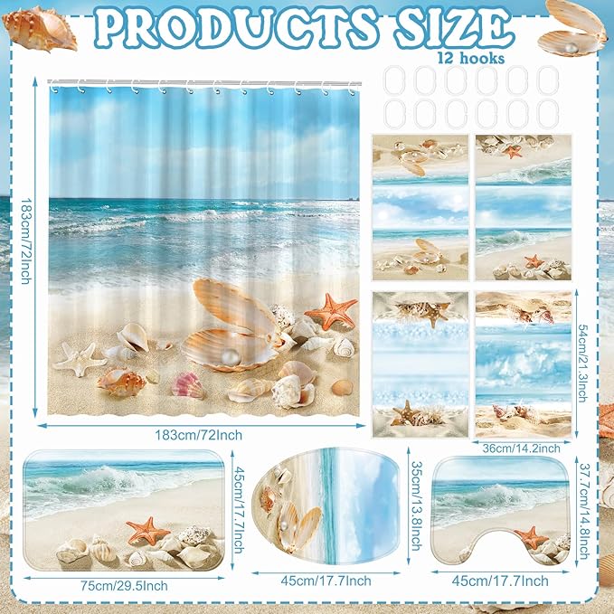 FuWeave 8 Pcs Summer Beach Shower Curtain Set Bathroom Decor Sea Ocean Waterproof Bathroom Accessories Shower Curtain Sets with Towels Carpet Bath Mat Toilet Rugs and 12 Hooks
