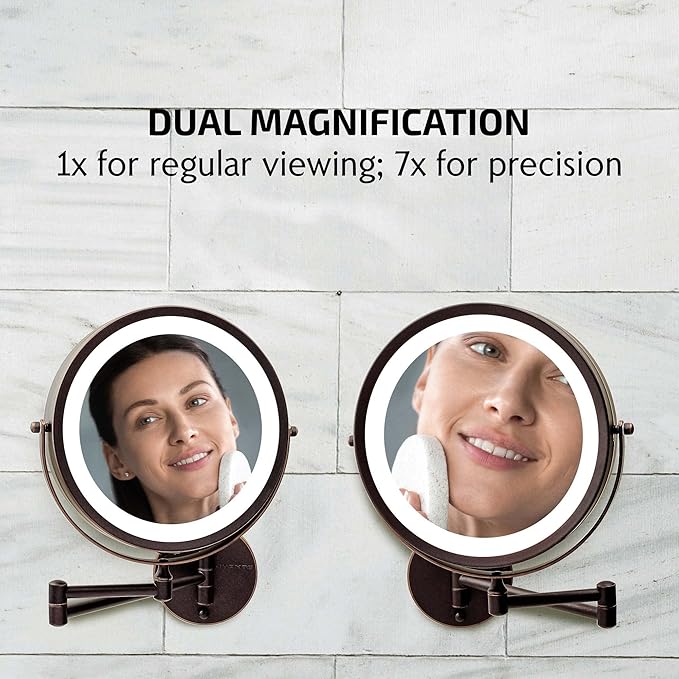 OVENTE 9" Lighted Wall Mount Makeup Mirror with 1X/7X Magnification, Cordless Double Sided Magnifying Round Vanity Mirror, 360° Swivel Design, Extendable and Folding Arm, Antique Bronze MFW85ABZ1X7X