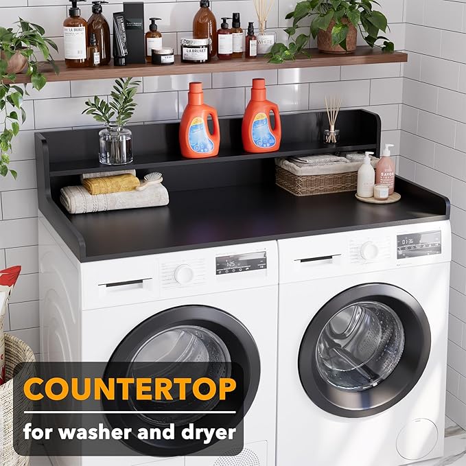 SpaceAid Washer Dryer Countertop with 2-Tier Shelf, Wood Topper with Edge, 54" Width x 27.5" Depth Cover Organizer Guard for Washer and Dryer Counter Laundry Hamper Storage (Black)