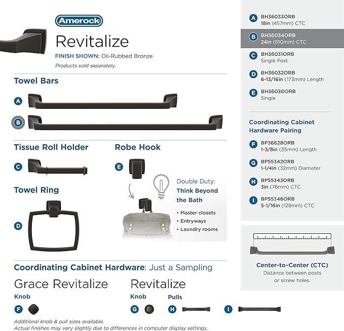 Amerock BH36034ORB | Oil Rubbed Bronze Towel Bar | 24 in (610 mm) Towel Rack | Revitalize | Bathroom Towel Holder | Bathroom Hardware | Bath Accessories