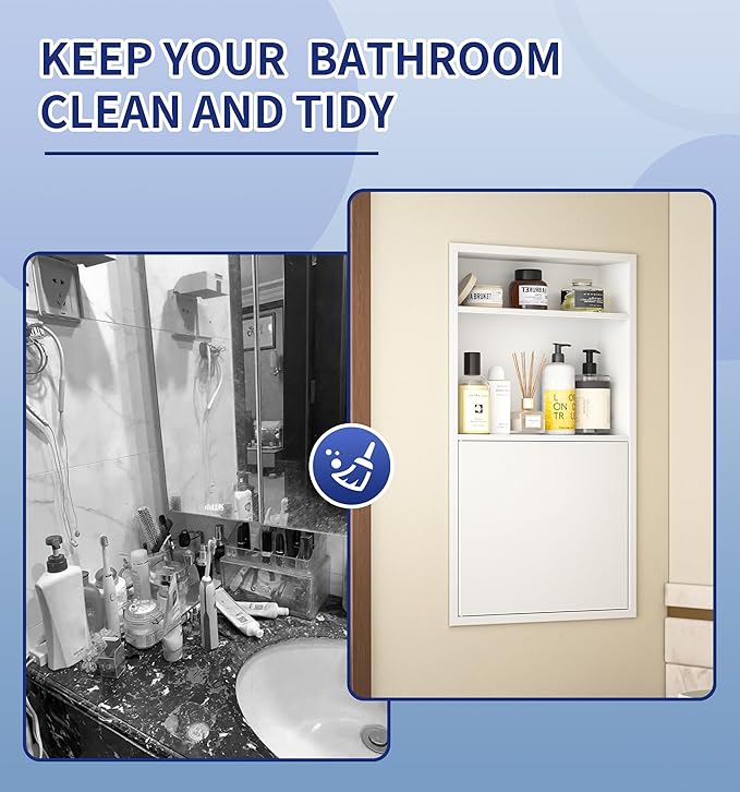 Recessed Medicine Cabinet with Door 24" X 14" White Wall Medicine Cabinets with 3-Tier Shelf 304 Stainless Steel Niche Shower for Bathroom Storage