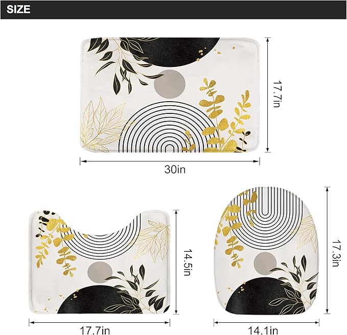 Riyidecor Boho Black Gold 4Pcs Shower Curtain Set with Toilet Lid Cover and Non-Slip Rugs, Mid Century Modern Minimalist Bathroom Decor Set，Abstract Contour and Bath Mat with 12 Hooks