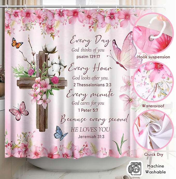 4 Pcs Pink Butterfly Inspirational Quotes Shower Curtain Set with Rugs and Toilet Lid Cover, Christian Cross Bathroom Set Encouraging Bible Verses Floral Bathroom Decor Set Accessories