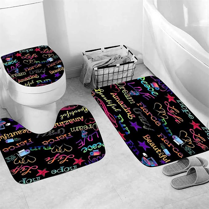 AZHM Inspirational Quotes Shower Curtain Set 4 PCS Motivational Bathroom Decor Set with Neon Typography, Bathroom Shower Curtain Accessory Set