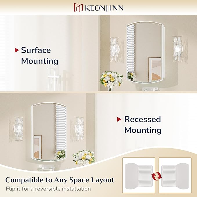 Keonjinn Medicine Cabinet 16 x 26 Inch, Surface Mount or Recessed Cabinets with Mirrors, White Metal Framed Wall Mirror with Storage, 2 Adjustable Shelves, Beveled Edge Frame