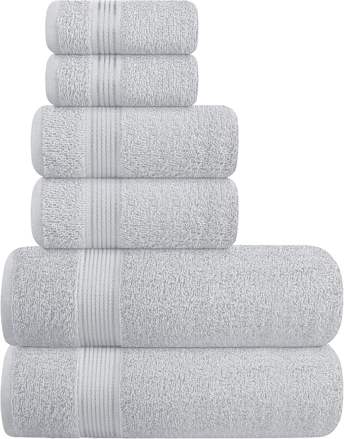 Elvana Home Ultra Soft 6 Pack Cotton Towel Set, Contains 2 Bath Towels 28x55 inch, 2 Hand Towels 16x24 inch & 2 Wash Coths 12x12 inch, Ideal for Everyday use, Compact & Lightweight - Light Grey