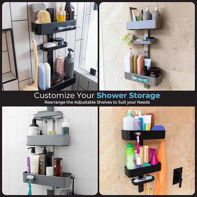 ShowerSMART Rust Resistant Shower Caddy, Wall Mount Shower Storage & Rack with Adjustable Shelves, Easy Clean Trays & Magnetic Hooks for Bathroom Remodel Upgrades, Black