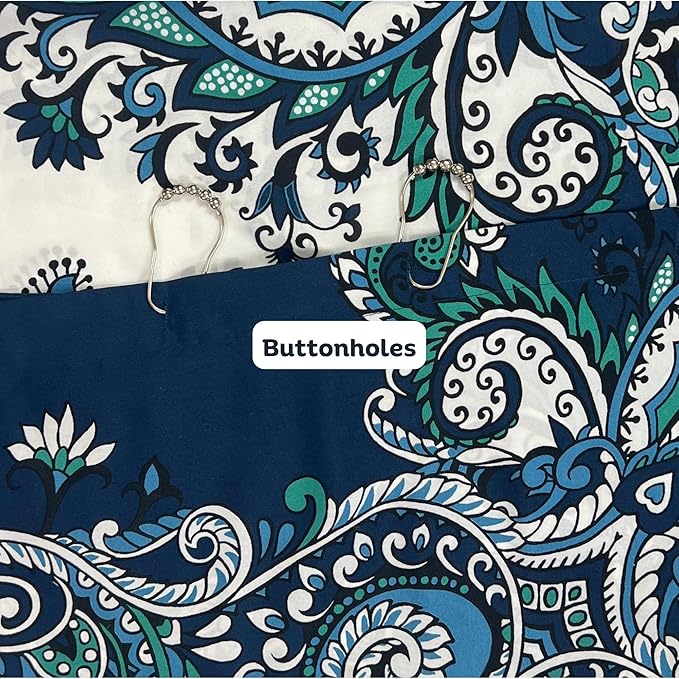 Serafina Home Boho Shower Curtain, Navy Teal White Mandala Floral Design, Fabric, 72 x 72 inches, Stain-Resistant, Paisley Pattern, with Hooks