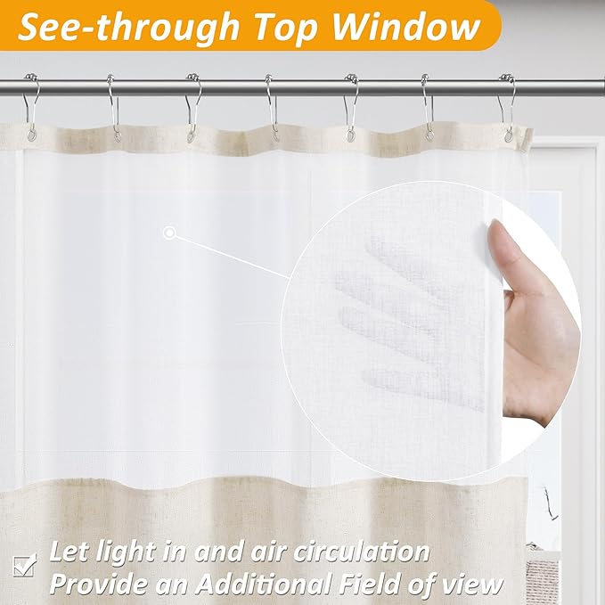 Naturoom Beige Linen Shower Curtain with Snap in Liner Set Rustic Farmhouse Shower Curtains for Bathroom 200GSM Textured Cream Burlap Cloth Double Bath Curtains with See Through Top Window 72x72