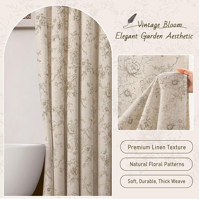 Farmhouse Floral Linen Shower Curtain, Vintage Tan Pattern Rustic Shower Curtains for Bathroom, Taupe,72x72