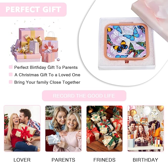 Compact Mirror for Purse, Double-Sided 1X/2X Magnifying Metal Pocket Makeup Mirrors(Square, Rose Gold Butterfly)