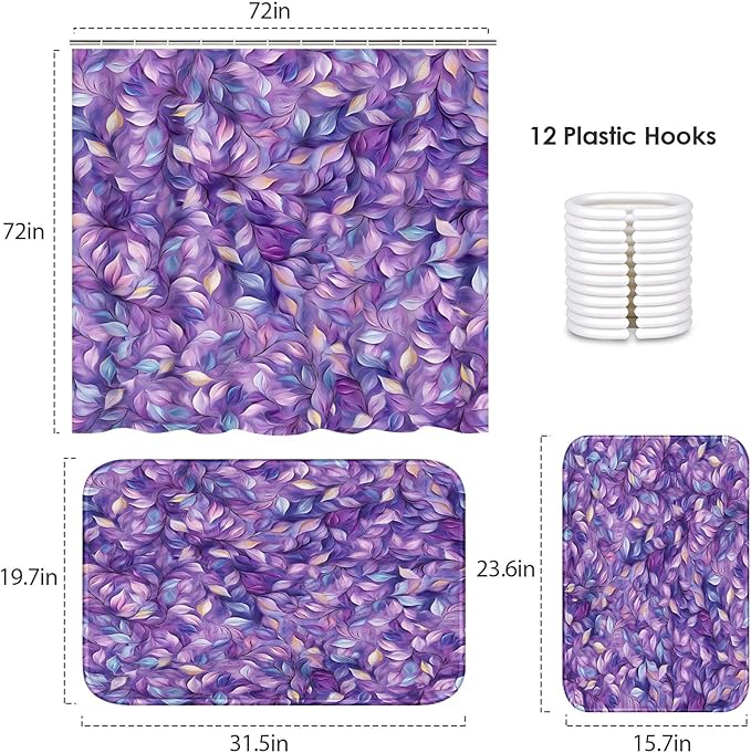 ArtSocket Purple Plant Leaves Bathroom Set with Shower Curtain and Bath Rugs and Accessories,Oil Painting Art Non-Slip Shower Curtain Set,Bathroom Decor 3 Pcs