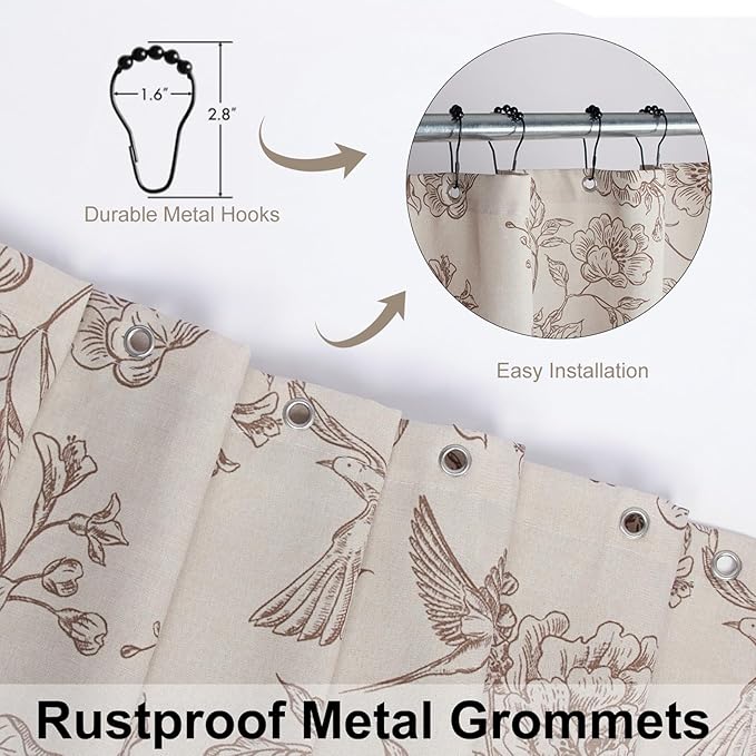 MUGINYU Vintage Farmhouse Linen Shower Curtain,Botanical Floral Toile Shower Curtain,Colorful Leaves Bath Curtains Shower,Boho Flower Plant Neutral Bathroom Decor,72" W x 72" L (Vintage Bird Beige)