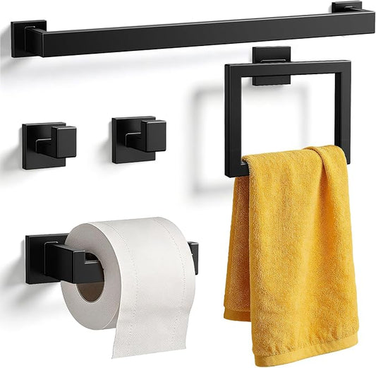 Kitsure 5-Pieces Bathroom Hardware Accessories Set, Rustproof Towel Racks for Bathroom Wall Mounted, 16" Towel Bar, Toilet Paper Holder, Ring & 2 Hooks, Matte Black