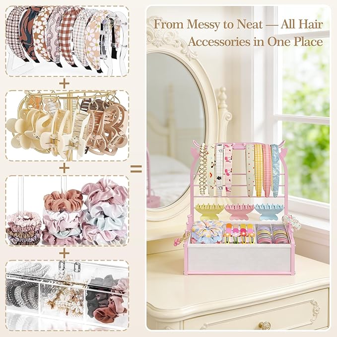 Hair Accessories Organizer for Girls, Headband Holder Stand with Storage Base, Deer Antler Display for Headbands, Scrunchies, Bows & Clips, Cute Vanity Organizer, Pink