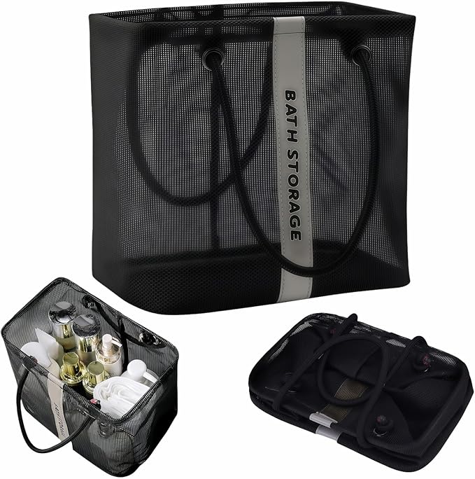 Large Shower Caddy with Wide Mouth, Foldable Mesh Organizer for Bathroom, College Dorm, Gym & Camping - Heavy Duty Cotton Handle, Quick-Dry Storage for Toiletries