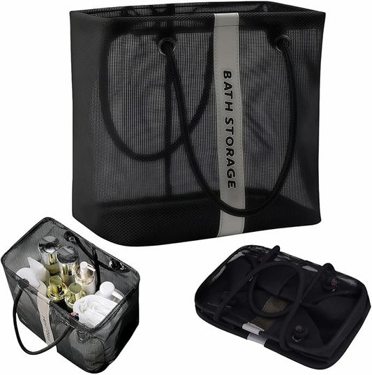 Large Shower Caddy with Wide Mouth, Foldable Mesh Organizer for Bathroom, College Dorm, Gym & Camping - Heavy Duty Cotton Handle, Quick-Dry Storage for Toiletries