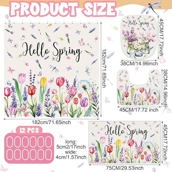 Drydiet 7 Pcs Spring Floral Shower Curtain Set Hello Spring Tulip Design with Non-Slip Rugs Bath Towels U-Shaped Mat Toilet Lid Cover and 12 Hooks 71x71 Inch Waterproof for Home Bathroom Decor
