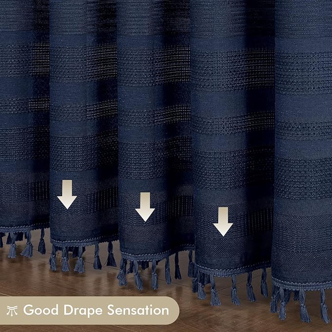 OVZME Extra Long Navy Blue Shower Curtain 96 Inch Long, Boho Linen Textured Soft Fabric Heavy Duty Cloth Bathroom Shower Curtain with Tassel, Tall Farmhouse Luxury Bath Decor, 72Wx96L Inches