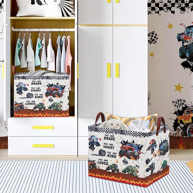 Monster Truck Storage Laundry Basket, Kid Room Decor for Boys,Rectangular Gift Bag Toy Box Shelf Basket ,Collapsible Clothes Book Organizer Bin,Easter Gifts Basket