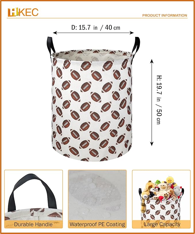 19.7" Football Laundry Basket,Kids Dirty Clothes Laundry Hamper,Waterproof Toys Storage Bin for Boys,Room Decor, Gift Baskets, Baby Nursery Hamper(Rugby)