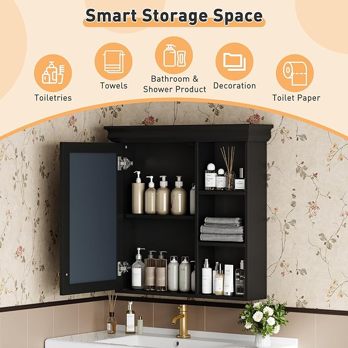 Merax Modern Bathroom Medicine Cabinet with Mirror, 30" x 28" Wall Mounted Medicine Cabinet with Storage and Open Shelves, Over The Toilet Mirrored Wall Storage
